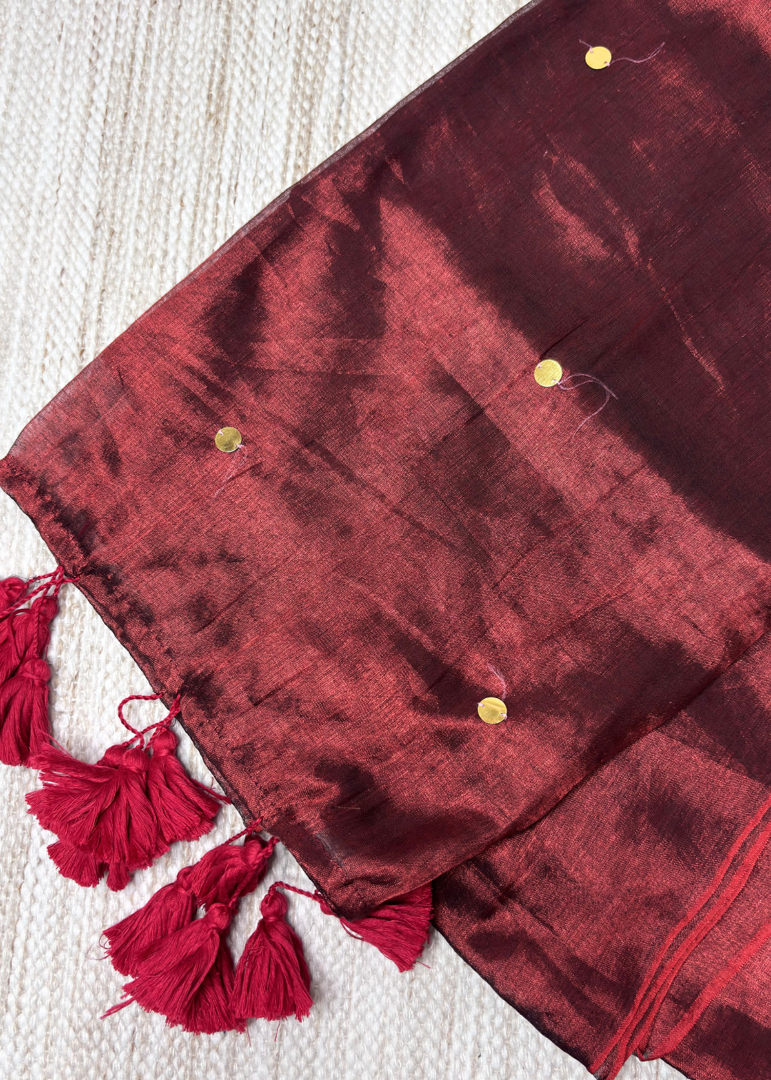 Maroon Hand Woven Mirror Work Raga Tissue Silk