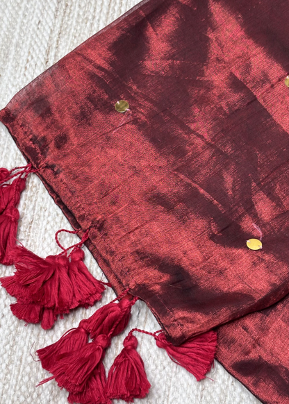 Maroon Hand Woven Mirror Work Raga Tissue Silk