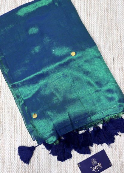 Peacock Green Hand Woven Mirror Work Raga Tissue Silk