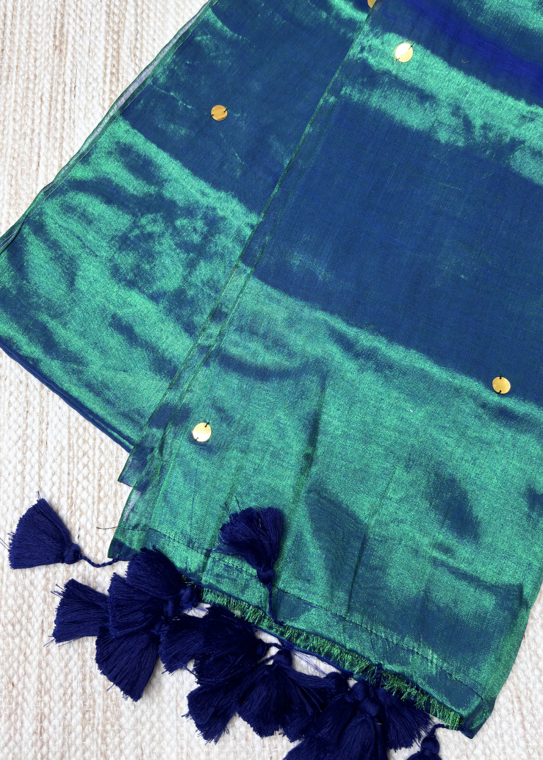 Peacock Green Hand Woven Mirror Work Raga Tissue Silk