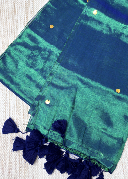 Peacock Green Hand Woven Mirror Work Raga Tissue Silk