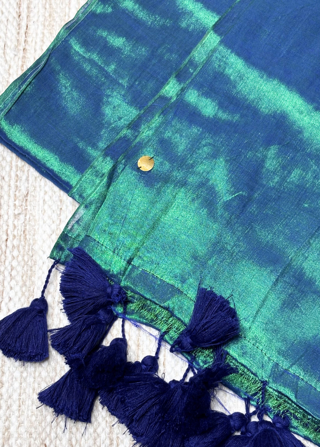 Peacock Green Hand Woven Mirror Work Raga Tissue Silk
