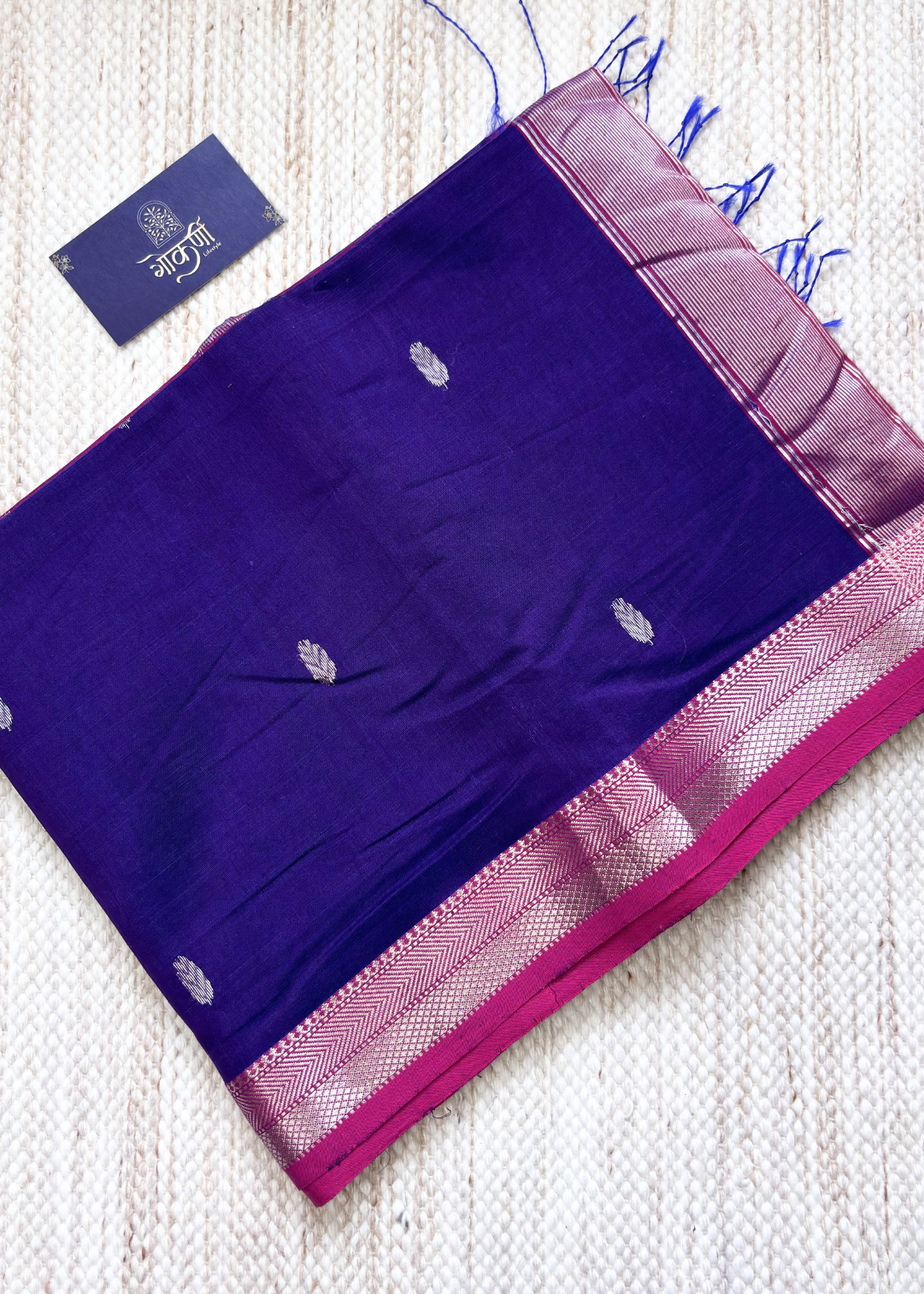 Royal Blue Patta Butti Maheshwari with Pink Contrast