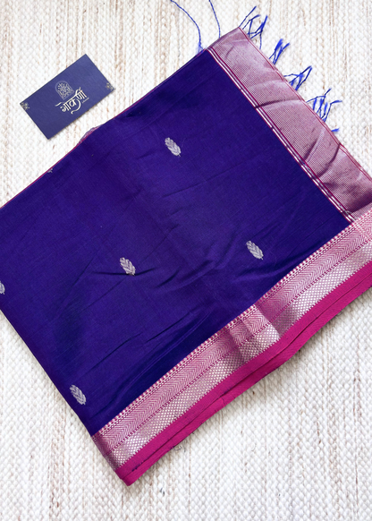 Royal Blue Patta Butti Maheshwari with Pink Contrast