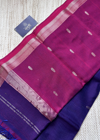 Royal Blue Patta Butti Maheshwari with Pink Contrast