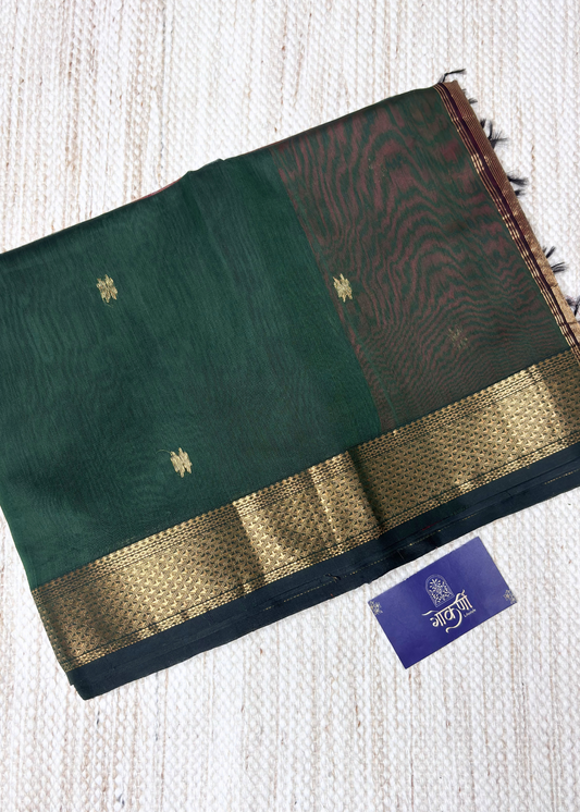 Chatai Border Bottle Green with Red Maheshwari Saree